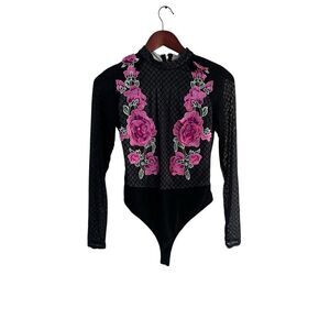 Latiste by Amy Small black mesh floral flower embroidered bodysuit long sleeve